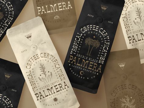 PALMERA Coffee Roasters by Andres Silva  #packaging #branding #coffebag #coffee #label #icon #typography #logo #vintage #bag #font #display Vintage Coffee Packaging, Coffee Bag Label, Coffee Label Packaging, Coffee Shop Packaging, Vintage Packaging Design, Coffee Bag Packaging, Coffee Branding Design, Coffee Bean Bag, Coffee Names