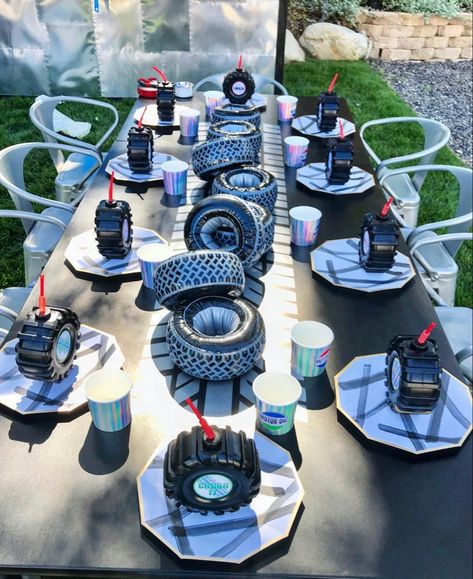 Monster Truck Sweet Table Ideas, Monster Jam Birthday Centerpieces, Monster Truck Party Backdrop, Monster Jam Table Decor, Monster Truck Birthday Table Decor, Monster Jam Centerpieces Ideas, Modern Monster Truck Party, Dirty 3rd Y Party Monster Truck, Monster Truck Jam Birthday Party Ideas