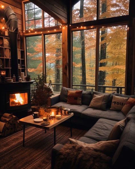 Cabin Living Room Ideas, Lake House Porch, Cabin Living Room, Cabin Living, House With Porch, Cozy Place, Cozy Room, Living Room Ideas, Cozy Fall