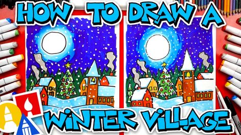 Follow along with us and learn how to draw a beautiful winter village. Art Supplies This is a list of the supplies we used, but feel free to use whatever you have in your home or classroom. Sharpie (or something to draw with) Paper (we use marker paper) Markers to color with (we use Bianyo) … Kids Holiday Art, Village Drawing, Holiday Art Projects, Art For Kids Hub, Winter Drawings, Village Art, Elf Art, Art Village, Winter Village