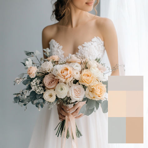 Get inspired by this beautiful bridal bouquet featuring soft blush, ivory, and peach blooms paired with delicate greenery. Perfect for creating a timeless and romantic wedding look, this bouquet brings elegance and natural beauty to your special day. The accompanying color palette is ideal for bridesmaids' dresses, table settings, and floral decor. Save this pin for inspiration  #WeddingBouquet #BlushAndIvory #RomanticWeddings #WeddingInspiration #BridalBouquet" Soft Romantic Wedding, Romantic Wedding Bouquet, Ivory Color Palette, Beautiful Bridal Bouquet, Wedding Look, Bridesmaids Dresses, Romantic Weddings, Wedding Looks, Ivory Color