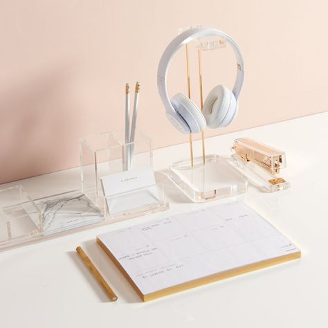 Clear Acrylic and Gold Headphones Stand, 4 x 5 x 10.5 (93922) | russell+hazel Acrylic Desk Accessories, Gold Headphones, Headphone Organizer, Tape Dispensers, Space Organization, Staplers, Acrylic Holders, Pencil Organizer, Headphone Stand