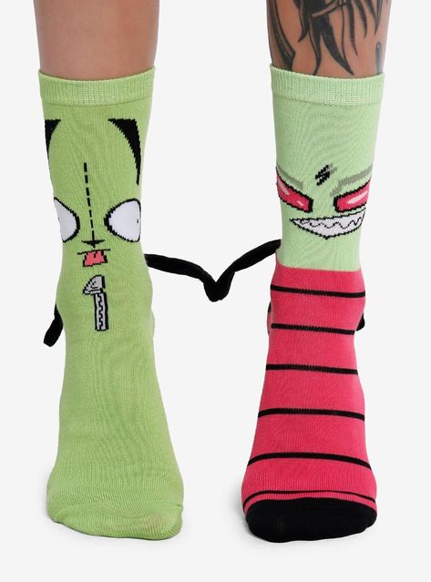 Invade planet Earth repping your favorite duo! These Invader Zim mismatch crew socks feature designs inspired by Zim and GIR. Comes with 3D arm detailing up top with magnets that allow the duo to hold hands. Too cute!Fits shoe size 9 - 1198% polyester; 2% spandexWash cold; dry lowMagnetic detailingImported Invader Zim Cosplay, Gir Outfit Invader Zim, Invader Zim Pajamas, Scene Clothes, Invader Zim Gir Sweater, Invader Zim Gir Merch, Scenecore Clothes, Gir Jacket Invader Zim, Invader Zim Hot Topic