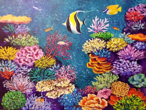 Coral Reef Acrylic Painting | Angela Anderson on Patreon Coral Reef Drawing, Underwater Drawing, Starfish Painting, Coral Painting, Coral Reef Art, Fishing Hacks, Tropical Art Print, Underwater Painting, Underwater Art