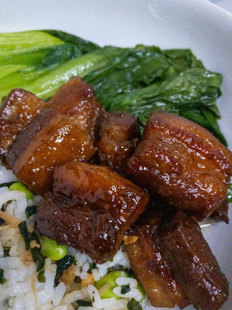 Okinawan Shoyu Pork Belly – closeup Okinawan Shoyu Pork Recipe, Shoyu Pork Recipe, Shoyu Pork, Pork Belly Slices, Braised Pork Belly, Pork Belly Recipes, Braised Pork, Sauteed Vegetables, Pork Dishes