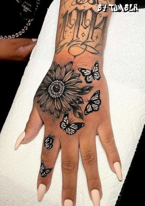 Hand Tattoos For Women Sunflower, Sunflower Butterfly Hand Tattoo, Top Of Hand Tattoos For Women Unique, Top Hand Tattoos For Women, Hand Tattoos For Women Color, Hand Tattoos For Women Cover Up, Whole Hand Tattoos For Women, Women Hand Tattoo Ideas Unique, Hand Tatts For Woman