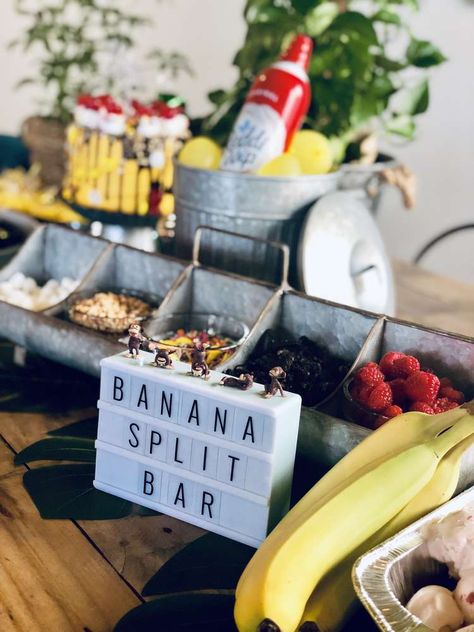 Swinging From The Three Birthday, Banana Split Bar Parties, Banana Split Party Ideas, Banana Split Birthday Party, Banana Split Bar Ideas, Banana Party Decorations, Ice Cream Station Ideas, Banana Split Party, Bananas Birthday Party