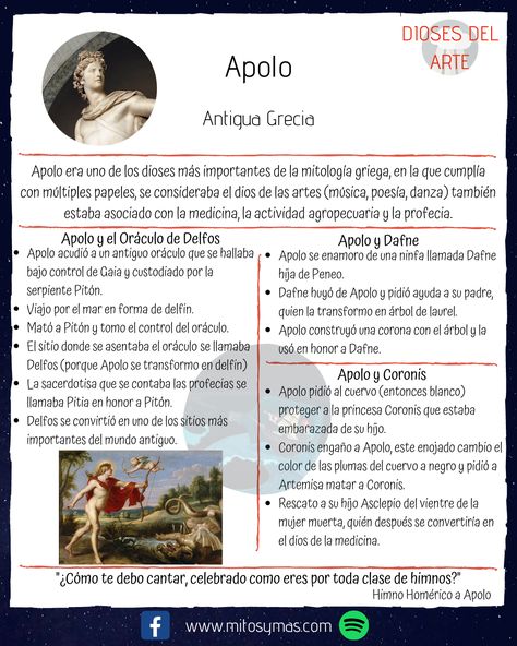 En la Antigua Grecia Apolo era uno de lo dioses más venerados, estaba asociado con múltiples papeles, que incluían el arte, la medicina, la profecía. En esta #infografia revisamos algunos de los #mitos más importantes relacionados con esta deidad. #mitologia #mito #leyenda #mitologiagriega Dark Angel, Tela