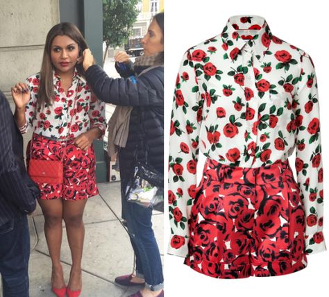 Moschino Floral Crepe de Chine and Satin Jumpsuit Mindy Project Style, Mindy Kaling Style, Librarian Style, Black Quilted Jacket, Floral Trousers, Floral Print Jumpsuit, Mindy Kaling, The Mindy Project, Embellished Gown