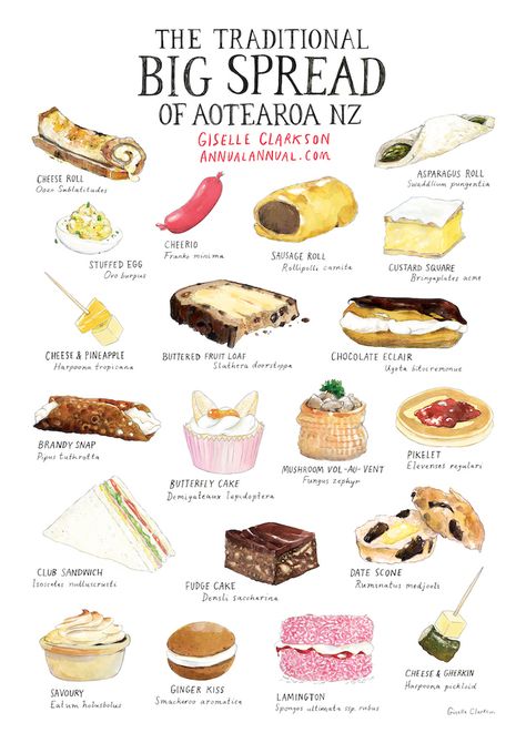 Giselle Clarkson Illustration | The Traditional Big Spread of Aotearoa NZ Date Scones, Asparagus Rolls, 90s Food, Brandy Snaps, New Zealand Food, Chocolate Eclair, Spatial Design, Cheese Rolling, Fudge Cake