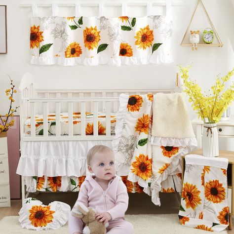 PRICES MAY VARY. ♥ Girls farmhouse nursery bedding 6 piece includes: Ruffle sunflower blanket (28"x40"), yellow white fitted crib sheet have a 10"drop, sweet ruffle skirt has a 16" drop on all four sides, diaper stacker, heart pillow, american country valance. All fits standard crib bed. ♥ Chic design: A boho crib sheet in simple romantic sunflower print, so sweet for a farmhouse baby girls nursery! Adorable ruffle white skirt, ruffle blanket and heart print lovely pillow, your baby will love it Girls Floral Nursery, Bedding Farmhouse, Floral Nursery Bedding, White Crib Bedding, Girl Nursery Crib, Floral Baby Bedding, Girls Nursery Floral, White Crib