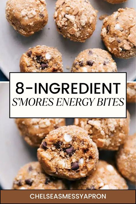 These simple-to-make S'mores Energy Bites are packed with protein and loaded with graham crackers, chocolate chips, and marshmallows! #dessert #snack #best #quick #easy #smores #energy #bites Smores Protein Balls, Protein Smores Bar, S'mores Energy Balls, Healthy Smores Alternative, S’mores Bites Recipe, S’mores Energy Bites, Date Energy Balls, Chelsea's Messy Apron, Energy Balls