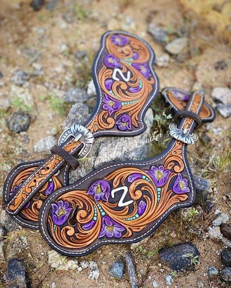 Tooled Spur Straps, Leather Spur Straps, Crocus Flowers, Handmade Leather Work, Custom Leather Work, Leather Stamping, Western Bling, Leather Working Patterns, Leather Tooling Patterns