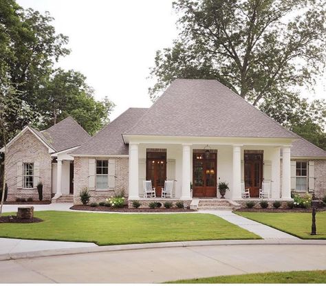 Louisiana Style Homes, Acadian Style Homes Exterior, House Plans Brick, French Acadian Style Homes, Sw Dover White, Acadian Style Homes, Southern Style Homes, Acadian Homes, Acadian House Plans