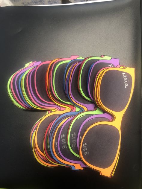 Spring Door Decs. Used sunglasses cut outs and black construction paper. Spring Semester Door Decs, Cubby Tags Preschool, Cubby Tags, College Crafts, Door Decks, Resident Advisor, Ra Boards, Resident Adviser, Door Decs