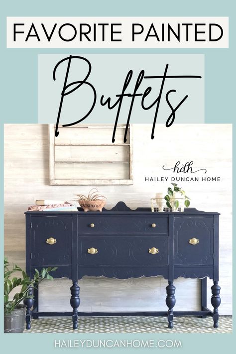 Vintage buffet painted navy blue with gold hardware. Entryway Ideas With Buffet, Redoing Buffet Furniture, Buffet Cabinet Vintage, Painted Vintage Buffets And Sideboards, Chalk Painted Antique Buffet, Painted Buffet Ideas Farmhouse, Buffet Redo Ideas, Chalk Paint Buffet Ideas, Painting Buffet Ideas