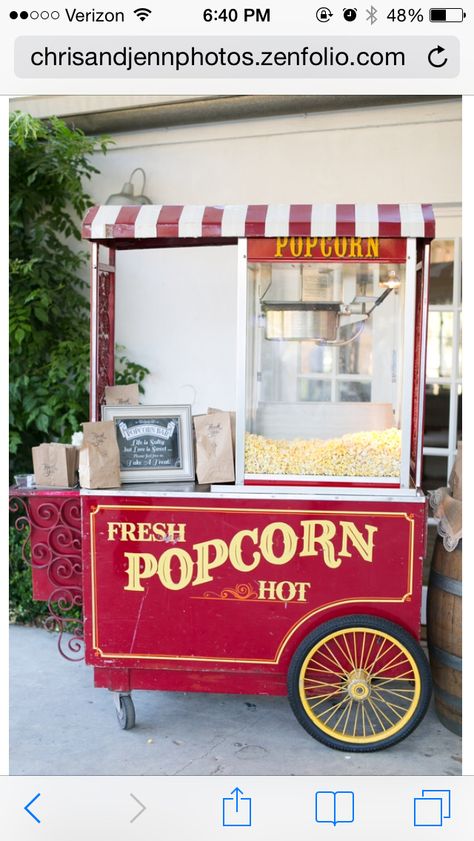 Popcorn Cart Wedding, Popcorn Cart Ideas, Popcorn Food Truck, Popcorn Stand Ideas, Popcorn Vendor, Popcorn Station, Party Rental Ideas, Vendor Cart, Popcorn Stand