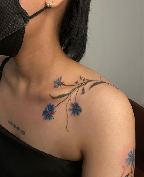 Creative Tattoo Placement Women, Whimsical Chest Tattoo, Flower Tramp Stamp Tattoos, Flower Tramp Stamp, Flower Tats, Collarbone Tattoos, Collarbone Tattoo, Tramp Stamp Tattoos, Funky Tattoos