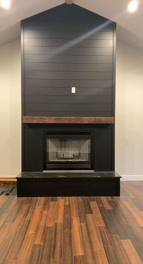 Black Shiplap Fireplace With Hearth, Modern Farmhouse Fireplace Wall, Painted Shiplap Fireplace, Corner Shiplap Fireplace, Black Shiplap Fireplace With Wood Mantle, Black Gas Fireplace, Black Fireplaces, Black Shiplap Fireplace, Fireplaces Makeover Modern