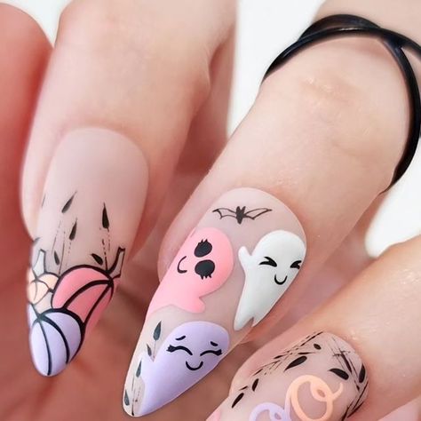 Taryn VanAlfen on Instagram: "I guess it's about time to start Halloween nails.  A little reminder to my clients.. please make sure you have enough time scheduled for your Halloween nail art. Hand painted art takes time so please plan accordingly. 🤗💕 Thank you!   #halloweennailart #halloweennails #ghostnails #pastelnails #girlythings #spookyszn #spookynails #cutehalloween #cutenails #spooky #boo #ghosts #haunted" Witches Hat Nail Art, Colorful Ghost Nails, Halloween Gender Reveal Nails, Purple Ghost Nails, Casper Nails, Ghost Nail Art, Cute Ghost Nails, Pastel Halloween Nails, Gender Reveal Nails