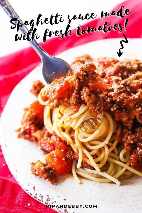 A plate full of pasta and meat sauce with a fork tucked in. Pasta Sauce Without Tomatoes, Lasagna Ravioli, Recipe With Fresh Tomatoes, Homemade Pasta Sauce Recipe, Crockpot Spaghetti Sauce, Spaghetti Lasagna, Leftover Spaghetti, Fresh Tomato Recipes, Pasta Sauce Homemade