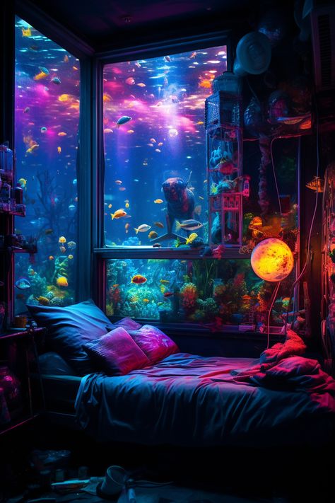 Bedroom With Aquarium, Frutiger Aesthetic, Room Underwater Aesthetic, Water Bedroom Fantasy Art, Underwater Room Fantasy Art, Uk Apartment, Cyberpunk Artwork, Luxury Pictures, Underwater Bedroom Fantasy Art