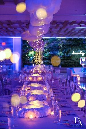 Glamorous "Dream Big" Bat Mitzvah in Miami Beach, Florida | 8 more photos on PartySlate Bat Mitzvah Party Themes, Bat Mitzvah Ideas, Cloud Balloons, Purple Uplighting, Hanging Cloud, Outdoor Rehearsal Dinner, Bat Mitzvah Themes, Bat Mitzvah Dresses, Mitzvah Decor