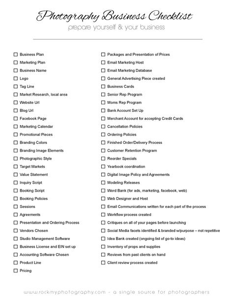 The Ultimate Photography Business Checklist - Rock My Photography Self Photo Studio Business, Photography Genres List, Starting Photography Business Checklist, Business Plan Photography, Photography Workflow Checklist, Types Of Photoshoots List, How To Grow Your Photography Business, Photography Start Up, Photography Business Plan Template