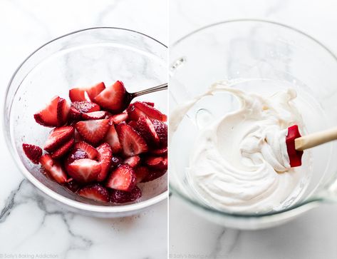 Strawberries and whipped cream for strawberry shortcake cake on sallysbakingaddiction.com Soft Vanilla Cake, Strawberries And Whipped Cream, Creaming Method, Shortcake Cake, Strawberry Shortcake Cake, Lavender Cake, Sally's Baking, Basic Cake, Homemade Whipped Cream