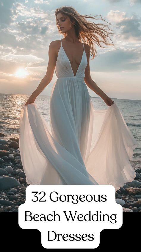 A collection of gorgeous beach wedding dresses, featuring flowing bohemian styles and elegant, timeless designs, perfect for a romantic seaside ceremony. Lightweight fabrics and stunning silhouettes ideal for a beach wedding. Beach Wedding Reception Outfit, Casual Beach Wedding Dresses, Romantic Beach Wedding Dress, Casual Beach Wedding Dress, Wedding Reception Outfit, Romantic Ceremony, Casual Beach Wedding, Dream Beach Wedding, Beach Wedding Reception