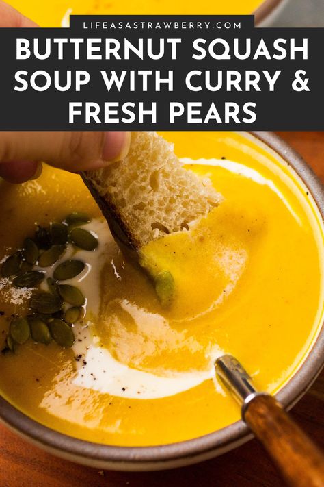 Curry Butternut Squash Soup, Cubed Butternut Squash, Pear Soup, Curried Butternut Squash Soup, Veggie Broth, Coconut Milk Soup, Squash Soup Recipe, Meat Free Recipes, Best Soup Recipes