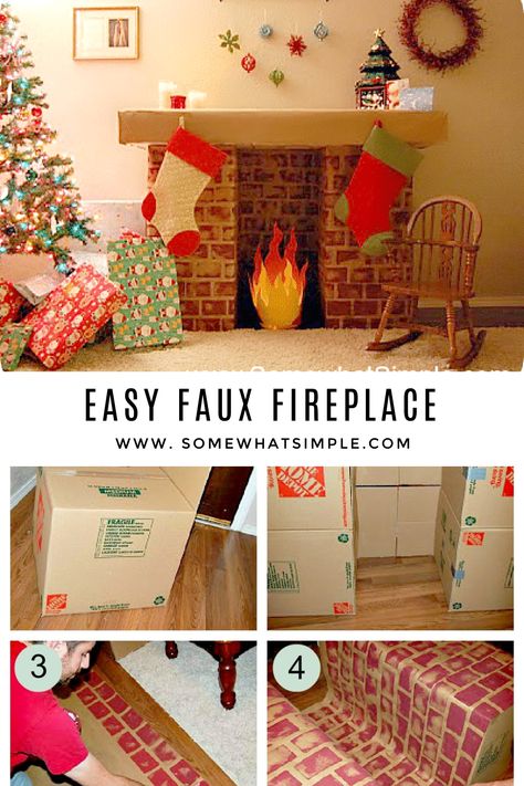 Make A Faux Fireplace, Faux Fireplace Diy Cardboard, Diy Christmas Fireplace, Diy Tag, Xmas Fireplace, Cardboard Fireplace, Cardboard Diy, Paper Box Diy, Faux Fireplace Diy