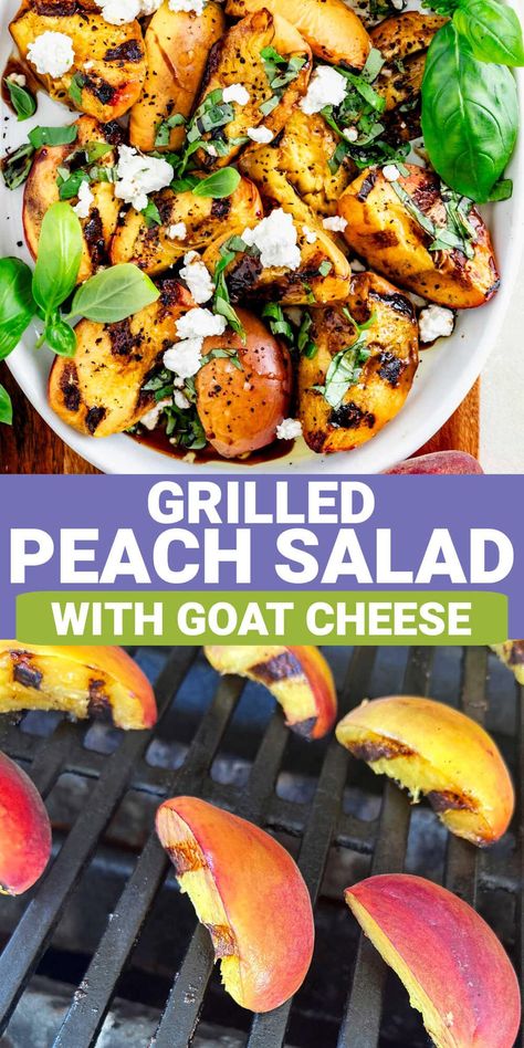 Caramelized juicy and lightly smoky grilled peaches are simply adorned with olive oil and balsamic vinegar. They are topped with honey, chili, basil and fresh goat cheese. This grilled peach salad takes only 15 minutes to make, and is a deliciously gourmet side dish to serve for peach season. Grilled Peaches Recipe, Balsamic Peach, Grilled Peach Salad, Salad With Goat Cheese, Lamb Steaks, Summertime Salads, Recipes Salads, Whipped Goat Cheese, Mediterranean Quinoa Salad