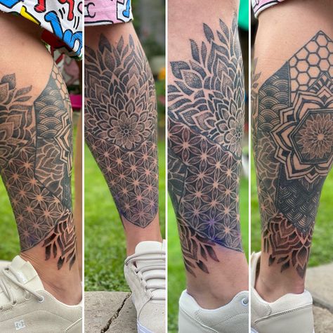 Dot Work Leg Tattoo, Sleeve Tattoo Geometric, Sleeve Geometric Tattoo, Tattoo Dot Work, Geometric Tattoo Sleeve, Tattoo Leg Sleeve, Geometric Tattoo Leg, Tattoo Leg, Work Tattoo