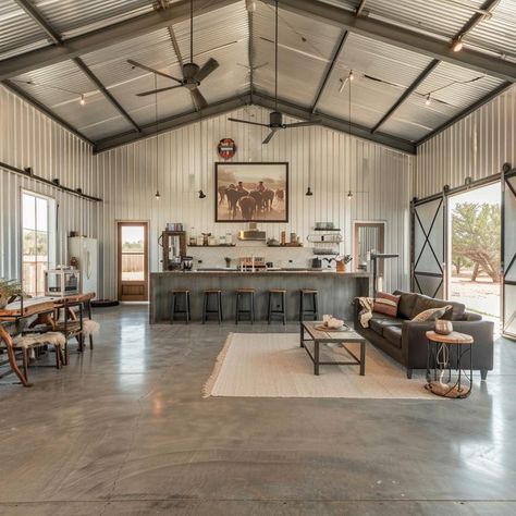 Barndominium Workshop Ideas, Open Plan Barndominium, Barndominium Lots Of Windows, Pole Barn Family Room, Colors Of Barndominiums, Barndominium Detached Garage, Long Barndominium, Barndominium Kitchen Layout, Barndominium Ideas Open Concept