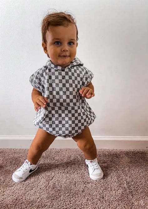 Checkered Boy Summer! Sleeveless Hoodie Romper, featuring a center pocket and checkered design. Made of 95% Cotton, 5% Spandex Machine wash cold on delicate cycle with like colors, tumble dry on low Little Boy Outfits Summer, Skater Baby Boy Outfits, Baby Boy Summer Outfits, Checkered Hoodie, Bubble Romper Boy, Baby Boy Summer Clothes, Baby Boy Fashion Summer, Toddler Boy Summer Outfits, Checkered Outfit