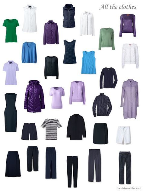 a complete wardrobe in navy, purple, blue, green and white Green Capsule Wardrobe, Bright Green Blouse, Capsule Wardrobe How To Build A, Minimalist Wardrobe Capsule, Capsule Wardrobe Minimalist, The Vivienne Files, Vivienne Files, Fashion Capsule Wardrobe, Minimalist Capsule Wardrobe