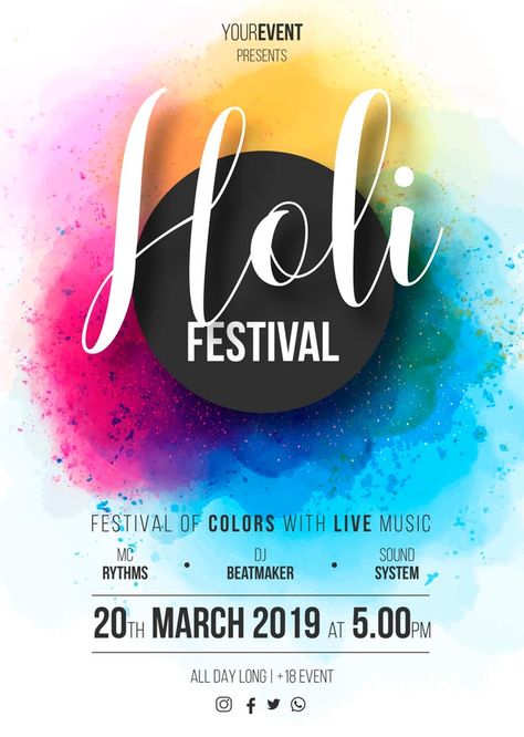 Holi festival poster template ready to print Free Vector Holi Festival Poster, Holi Poster, Advertising Graphics, Holi Colors, Free Brochure, Mandala Art Therapy, Poster Watercolor, Festival Poster, Holi Festival