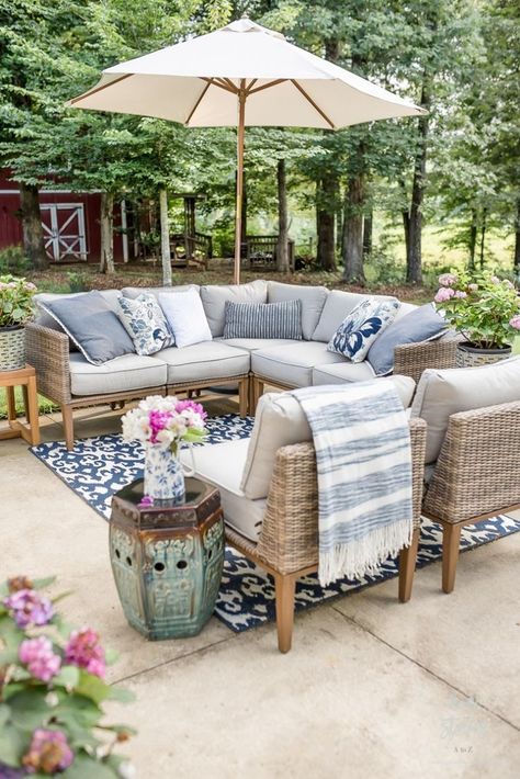 My Affordable Patio Furniture and Outdoor Decorating Tips - Home Stories A to Z Backyard Patio Furniture, Resin Patio Furniture, Christmas Patio, Patio Couch, Cheap Patio, Backyard Furniture, Patio Garden Design, Outdoor Patio Furniture Sets, Outdoor Couch