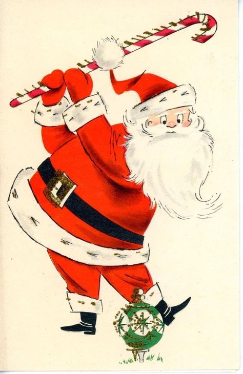 Vintage Christmas Greetiing Card Santa Golfing with Candy Cane & Ornament 1044 | #1853560535 Retro Christmas Cards, Christmas Golf, Candy Cane Ornament, Illustration Noel, Illustration Vintage, Christmas Scenes, Vintage Christmas Cards, Christmas Paintings, Christmas Illustration