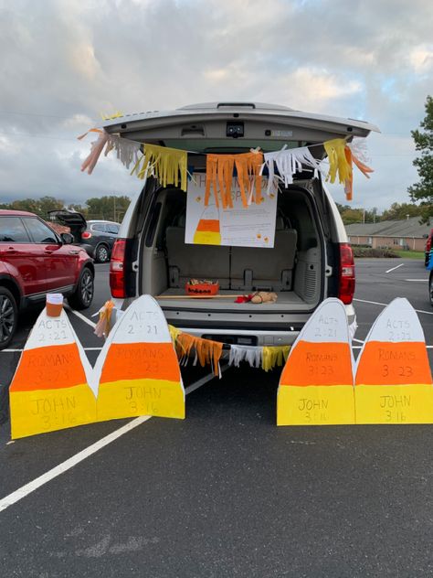 Candy Corn Theme Trunk Or Treat, Candy Corn Trunk Or Treat Ideas, Corn Trunk Or Treat, Candy Corn Trunk Or Treat, Candy Corn Gospel, Corn Theme, Church Trunk, Fall Festival Games, Trunk Or Treat Ideas