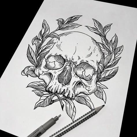 Skull With Leaves, Botanical Skull Tattoo, Skull And Forest Tattoo Design, Skull Etching Tattoo, Skull Engraving Illustration, Etching Tattoo, Fox Tattoo Design, Tattoo Apprenticeship, Armband Tattoos