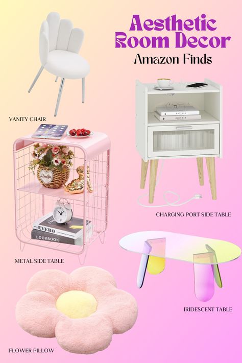 Where to buy aesthetic room decor for your kawaii bedroom. danish pastel aesthetic room inspo aesthetic room decor ideas aesthetic room ideas aesthetic living room cheap places to buy furniture trendy things to buy best amazon buys #aestheticbedroom #bedroomidea #cuteroom #colorful #koreanhome #homedecor #livingroom Danish Pastel Room Decor Amazon, Bedroom Danish Pastel, Room Decor Amazon Finds, Iridescent Table, Room Decor Amazon, Decor Amazon Finds, Room Inspo Aesthetic, Pastel Aesthetic Room, Side Table Metal