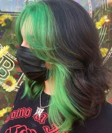 Highlights In Brown Hair Color Streaks, Hair Inspo Color Green, Black And Green Hair Ideas, Green Skunk Hair, Green Halo Hair, Hair Dye Ideas Green, Green Hair Highlights, Halo Dyed Hair, Deep Green Hair