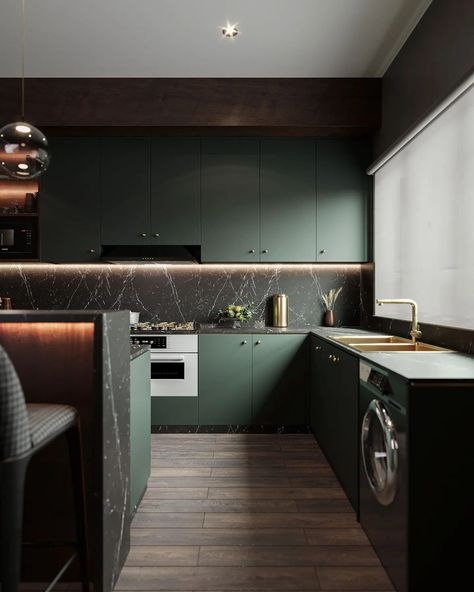 The dark green cabinets, marble accents, and ambient lighting create a sophisticated yet cozy atmosphere. #InteriorDesign #ModernKitchen #EleganceInEveryDetail #HomeDesign #ArchitecturalVisualization #kitchensesign #coronarender #vizualization Dark Green Kitchen, Green Cabinets, Green Kitchen, Kitchen Lighting, Ambient Lighting, Dark Green, Modern Kitchen, Lighting, House Design