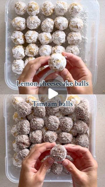 Eisha-Marie Eisel on Instagram: "Are you team Lemon cheesecake balls or team Timtam balls?  Which flavour will be crowned the winner?! 👑  Lemon cheesecake balls 2 pks lemon crisps 250g softened cream cheese  1/2 cup icing mixture (for rolling)  Choc mint balls 2 pks Timtams 1 can sweetened condensed milk 1 1/2 cup dessicated coconut Extra 1/2 cup dessicated coconut for rolling  #lemoncheesecake #timtam #chocolateballs #easyrecipes" Cream Cheese Balls, Dessicated Coconut, Lemon Biscuits, Cheesecake Balls, Homemade Chocolate Bars, Recipe Dessert, Bliss Balls, Snack Foods, Ideas Food