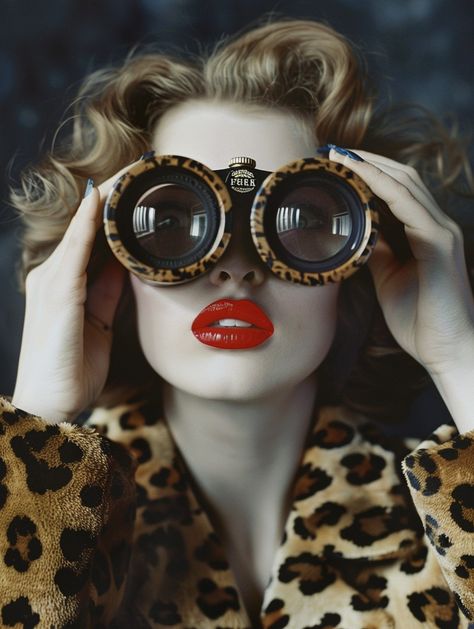 Fashion photography, in a style of 80s Woman With Binoculars, 80s Fashion Photography, Binoculars Photography, Pop Art Fashion Photography, Woman With Red Lipstick, Binoculars Vintage, Vintage Binoculars, Inktober 2024, Pop Art Fashion