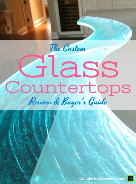 glass countertops with curved edge and backlighting - text overlay - glass countertops review and buyer’s guide Glass Kitchen Countertops, Countertops Laminate, Types Of Kitchen Countertops, New Kitchen Countertops, Recycled Glass Countertops, Recycled Kitchen, Glass Counter, Kitchen Countertops Laminate, Types Of Countertops