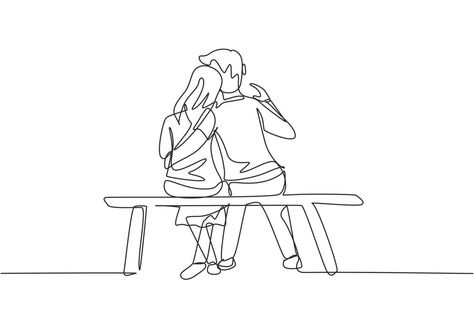 Couple On Bench Drawing, Couple Sitting On Bench Drawing, Couple Sitting Together Drawing, Couple Sitting On Bench, Continous Line Drawing, Bench Drawing, Drawing Family, Sitting On Bench, Man Hug