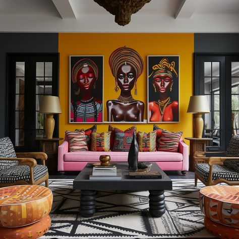 Bold, vibrant, and unapologetically expressive—this living room is a celebration of culture and color. The striking mustard yellow accent wall serves as the perfect backdrop for the powerful portraits, while the pink sofa adds a playful yet sophisticated touch. Rich patterns in the pillows and seating bring in layers of texture, creating a dynamic interplay between modern design and traditional artistry. The space feels alive with energy, each piece thoughtfully chosen to tell a story of heri... Mustard Yellow Accent Wall, Mustard Yellow Living Room, Yellow Accent Wall, Powerful Portraits, Yellow Accent Walls, Burgundy Living Room, Yellow And Burgundy, Pink And Mustard, Copper And Pink